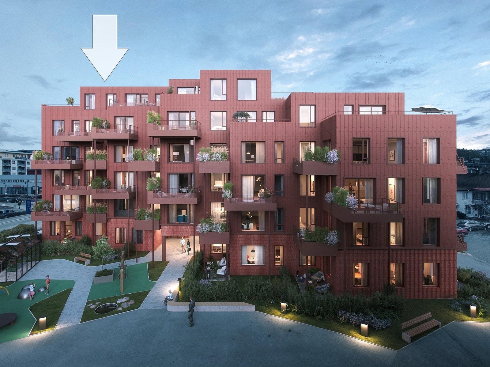 Leiligheten ligger som topp og ende med vestvendt omkransende terrasse. Galleribilde