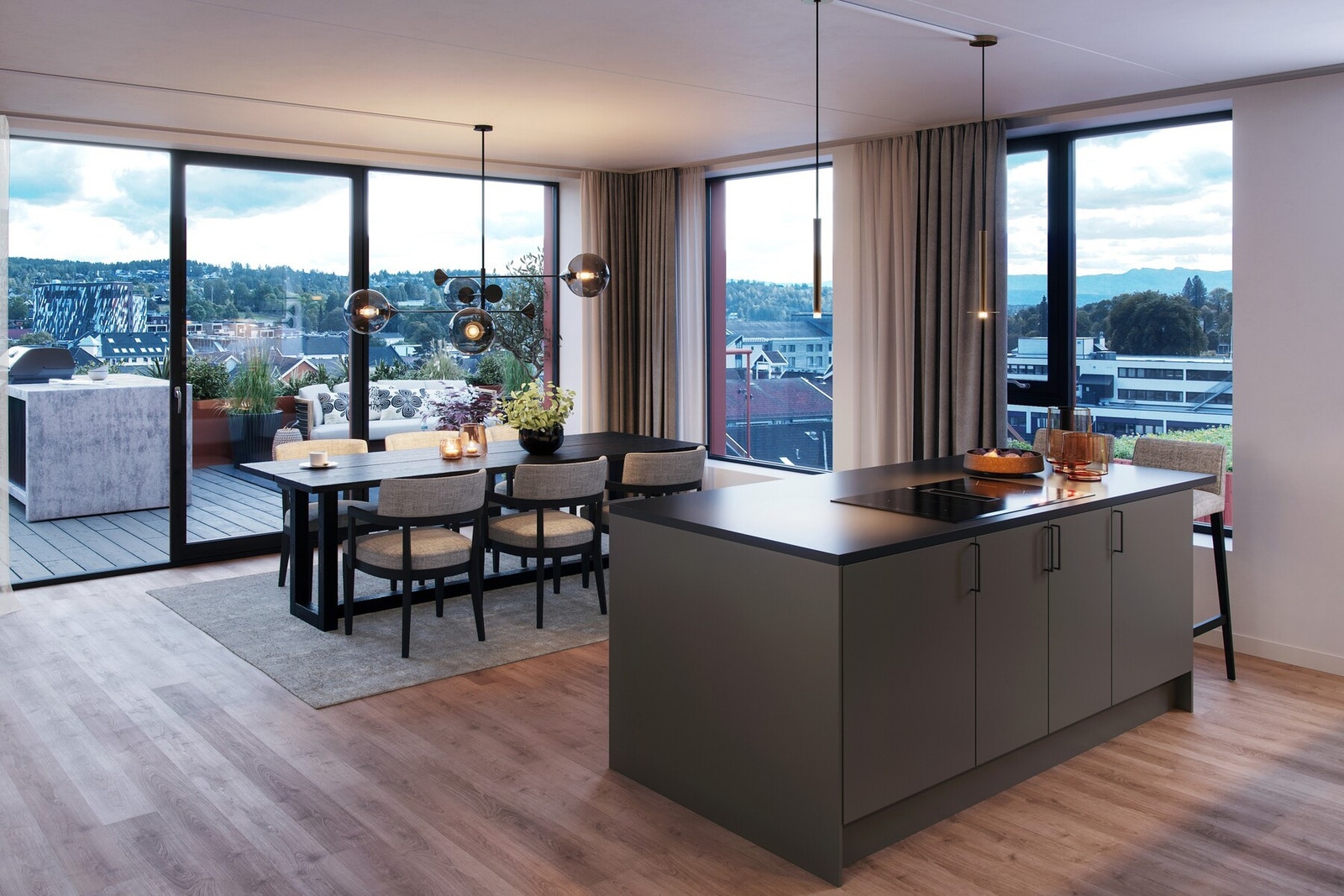 Gjeldende leilighet har en åpen planløsning med modnere kvaliteter. Totalt 70 kvm med terrasse (bilde kun som illustrasjon). Galleribilde