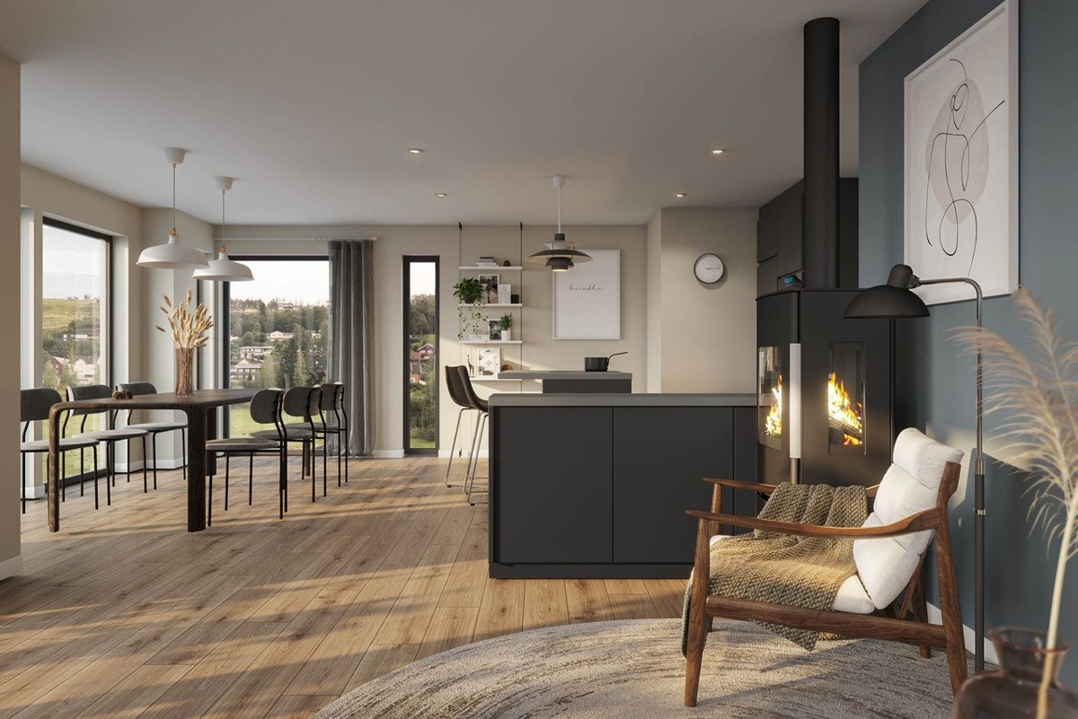 Kjøkkenet vil være på hele 26 kvm og bestå av et pent og moderne kjøkken med kjøkkenøy og god plass til spisegruppe. Kjøkkenet vil også ha store vindusflater som sørger for maksimal utnyttelse av den flotte utsikten. Galleribilde