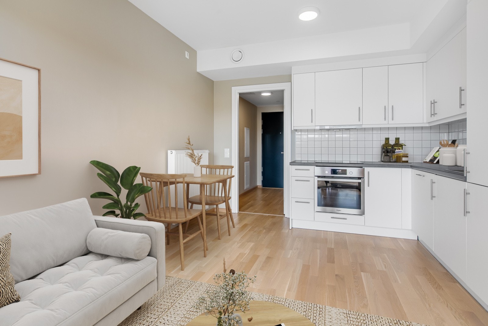 Leiligheten ligger i byggets øverste etasje (6.etasje) og er også en hjørneleilighet. Bilde er digitalt møblert. Galleribilde