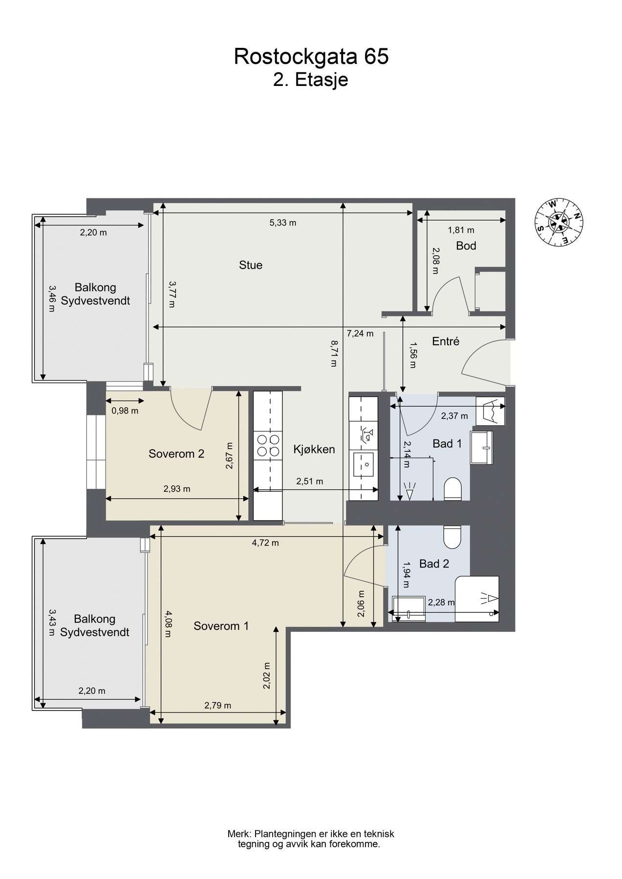 Plantegning. Leiligheten ligger i 2. etasje m/heisadkost til etasjeplan. Skissen er ikke målbar og kun ment som illustrasjon. Galleribilde