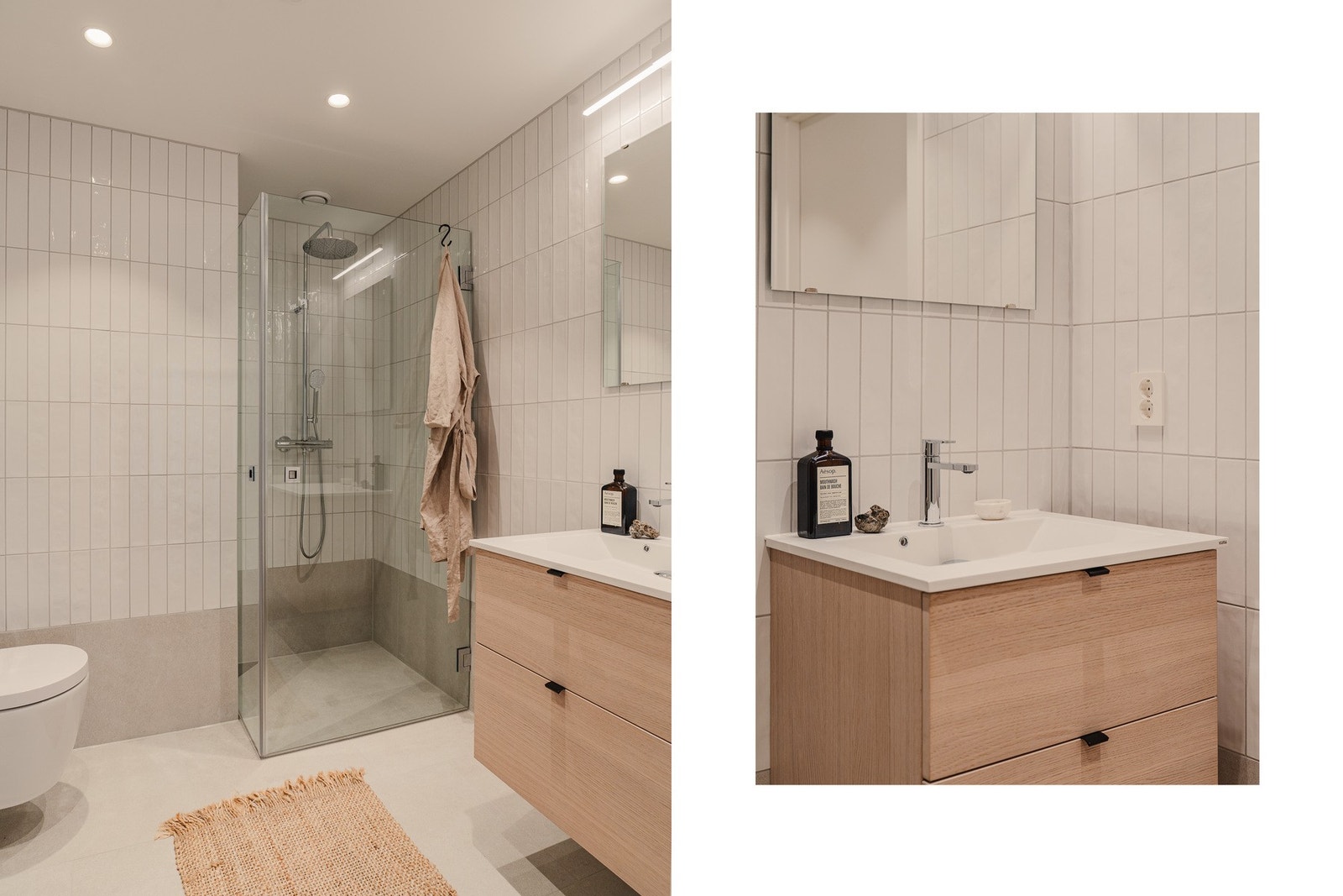 Luksus i hverdagen med en-suite løsning og delikate detaljer. Moderne servantskap i varm eik som tilfører rommet en lun kontrast. Vannbåren gulvvarme på begge bad. Galleribilde