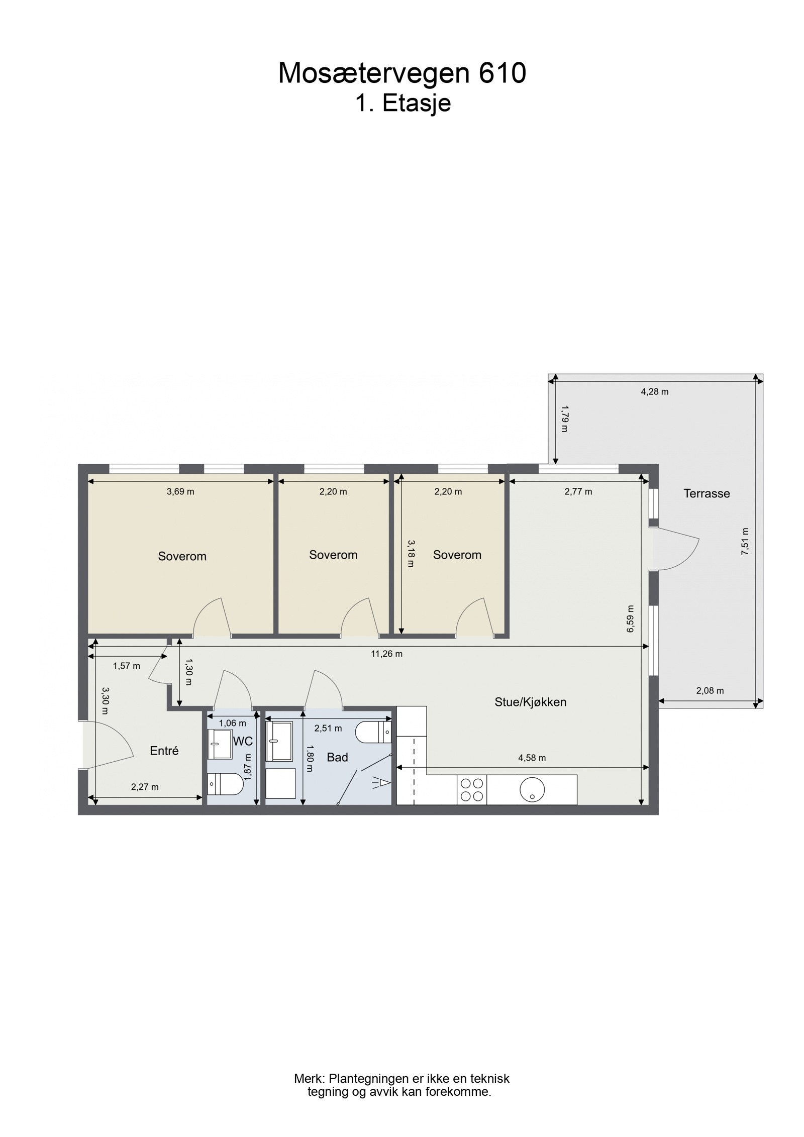 Plantegning. Familievennlig planløsning med 3 soverom og 1,5 bad. Galleribilde