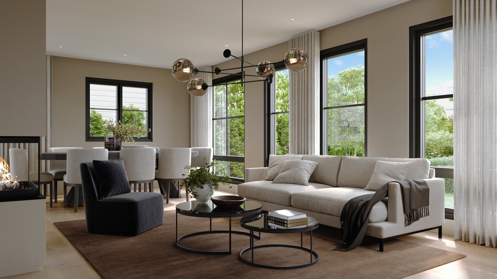 Boligen tilbyr en romslig stue- og kjøkkenløsning med variasjonsmuligheter for møblering - Illustrasjon er av illustrativ karakter og angir nødvendigvis ikke korrekt gjengivelse av elementer i boligene.