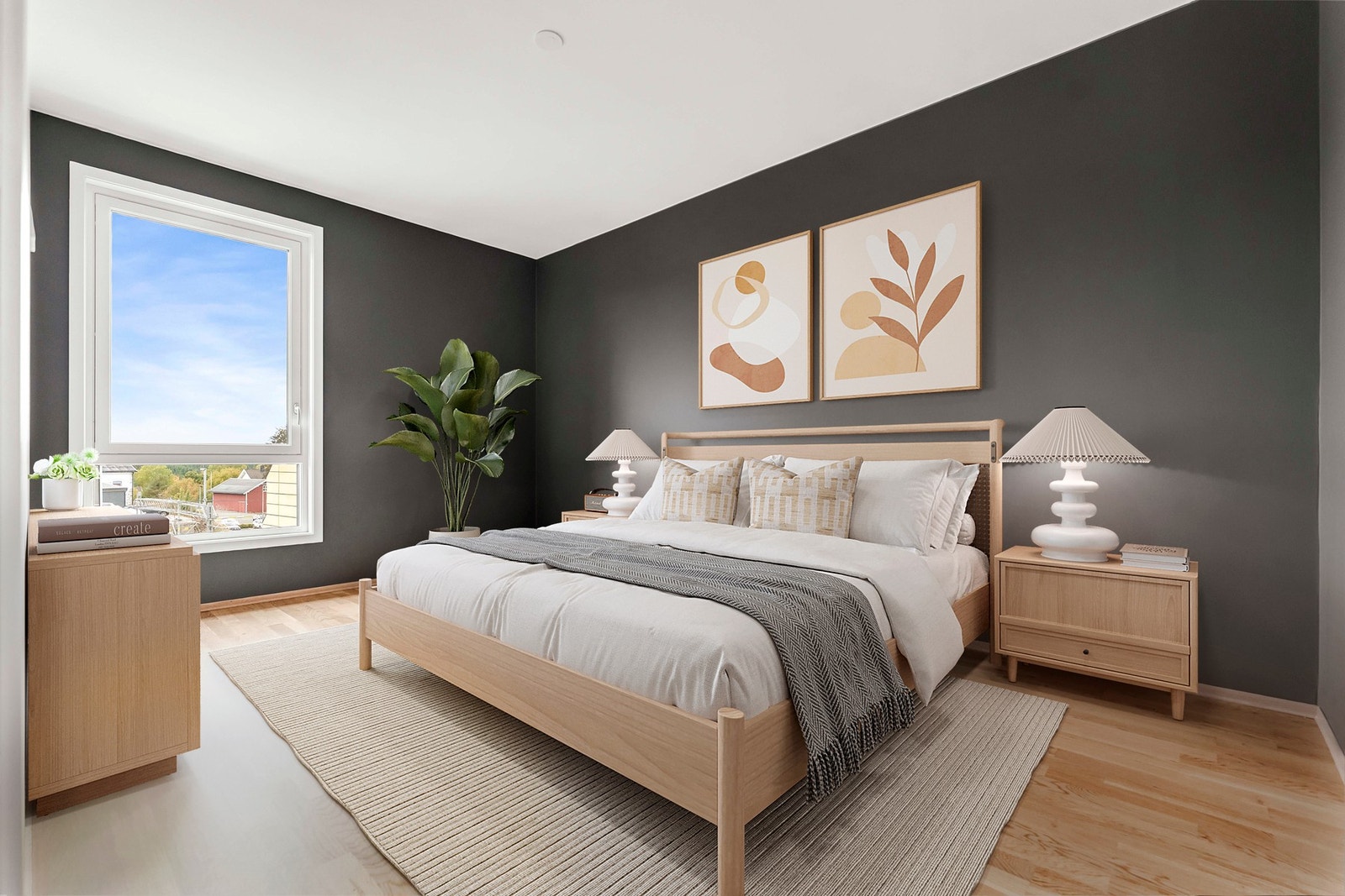 Hovedsoverommet er i moderne farger og med god plass for dobbeltseng og garderobeløsning. Bildet er ment som illustrasjon og er digitalt stylet Galleribilde