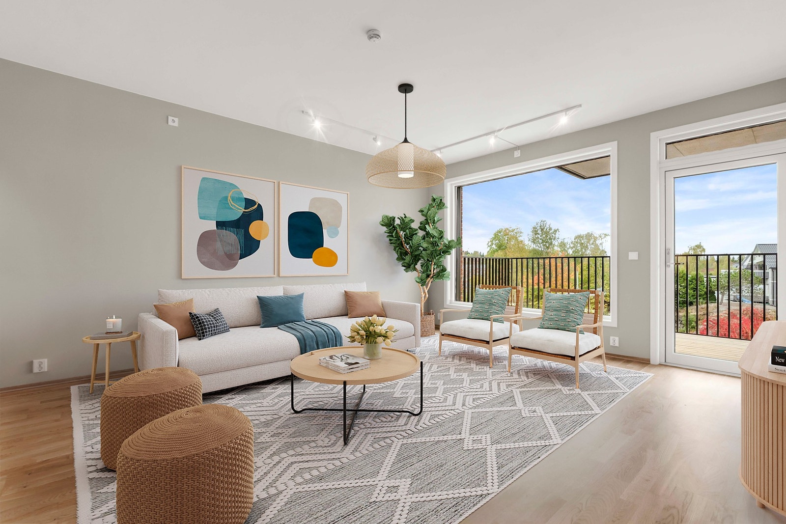 Lys og åpen stue med god plass for en større sofakrok.
Bildet er ment som illustrasjon og er digitalt stylet Galleribilde