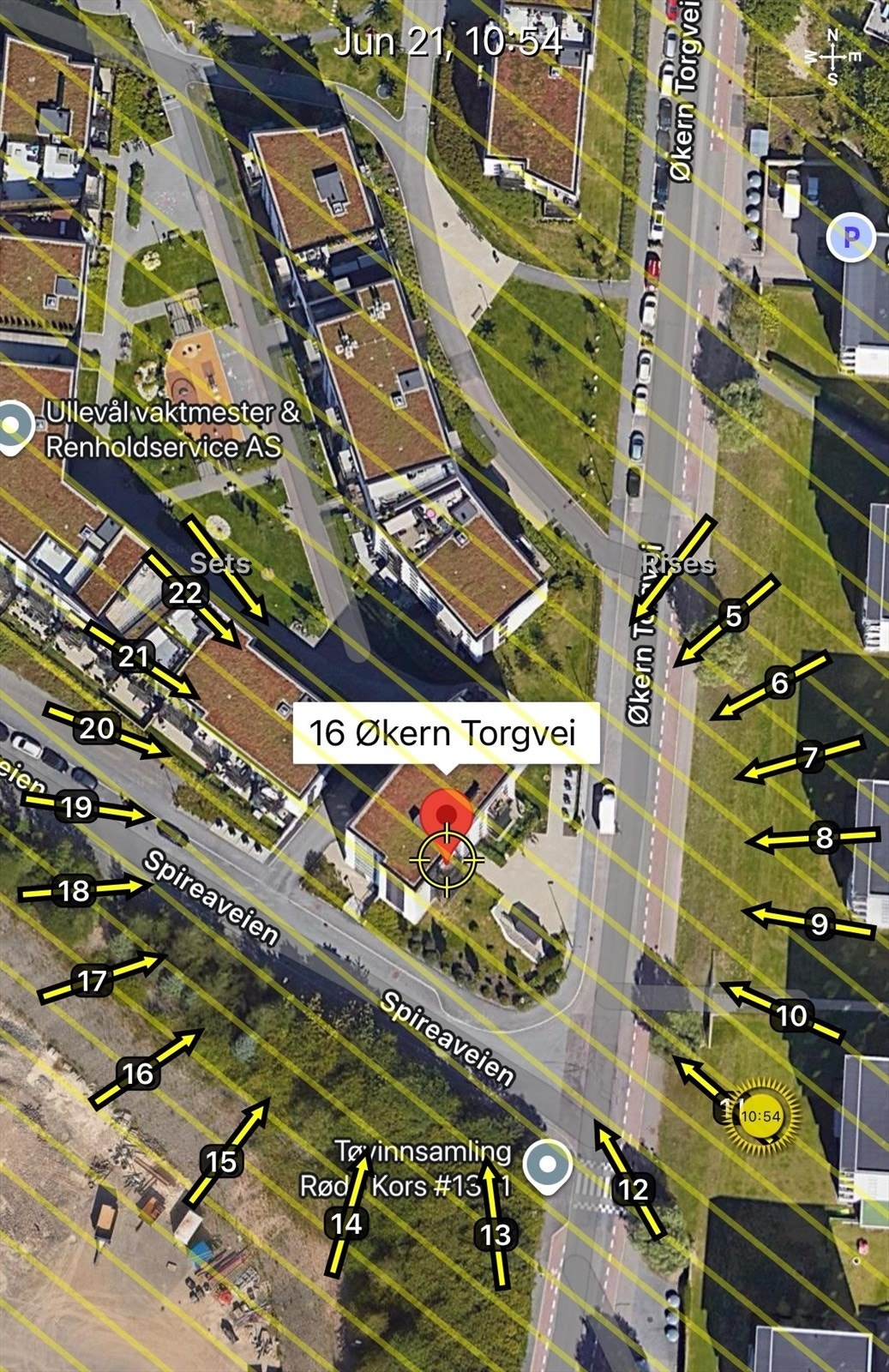 Solkart. Det er kun ment som en illustrasjon over solforholdene midtsommers (21.6). Teknologien som brukes kan slå feil pga. kalibrering e.l. Solforhold må derfor også kontrolleres selv ved hjelp av kompass, kart eller egen app hvis dette er av betydning. Galleribilde