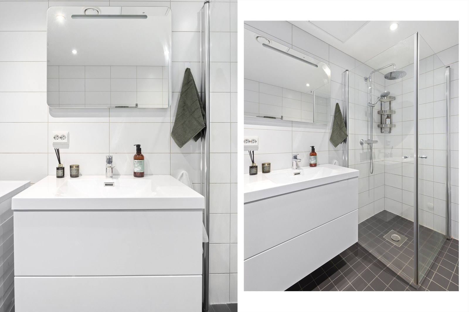 Badet er innredet med servant på servantskap, veggspeil med belysning, dusjhjørne med svingbare glassdører og vegghengt klosett. Galleribilde
