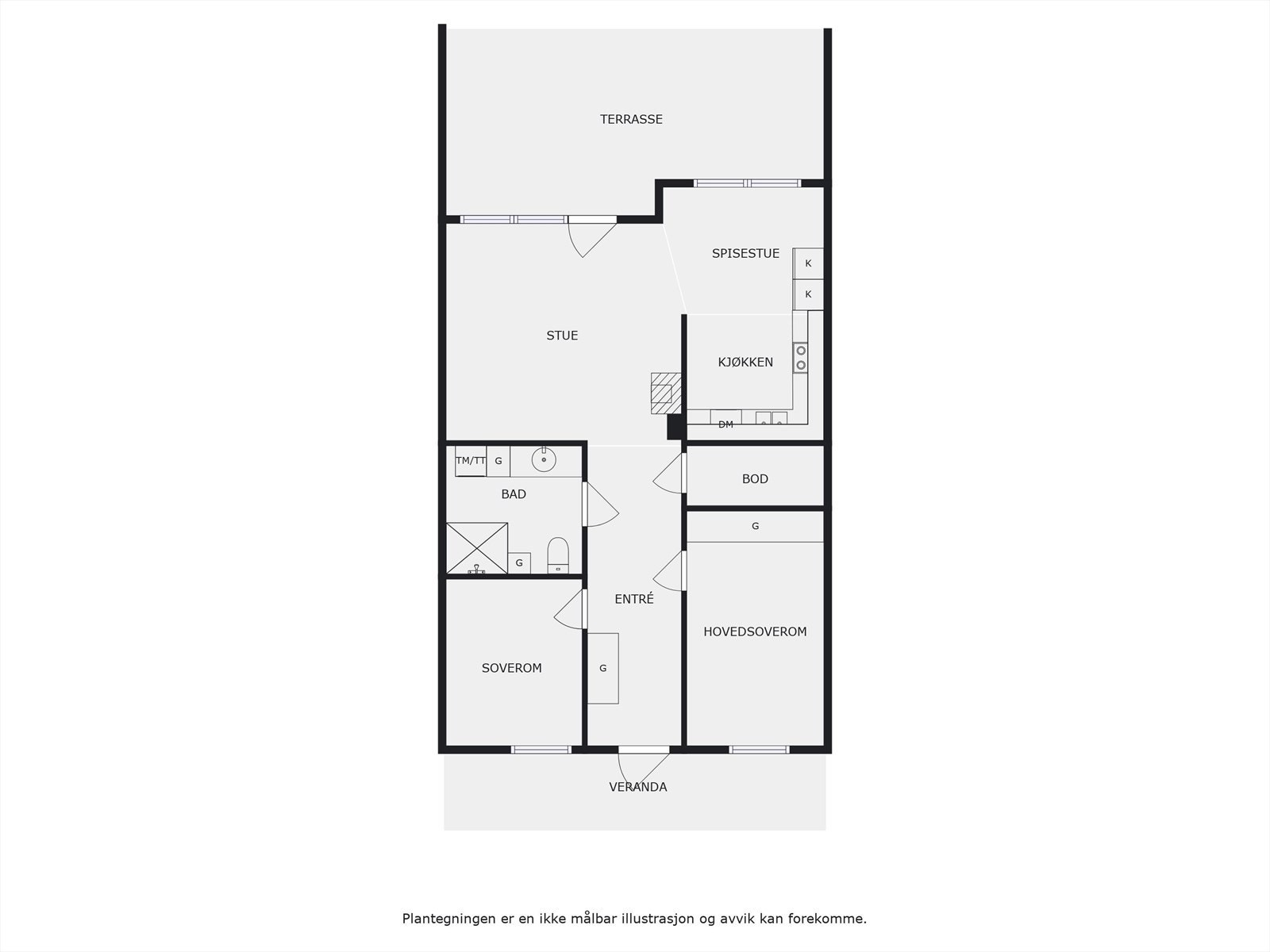 Plantegning 1. etasje. I tillegg disponerer leiligheten en egen bod på ca. 5m² i felles uthus, samt en parkeringsplass på ca. 14m² i felles carport-anlegg. Galleribilde