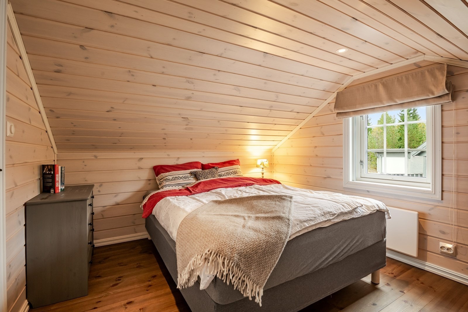 Rommet er i dag innredet med en stor dobbeltseng med tilhørende nattbord og kommode. Det gjøres oppmerksom på at hemsen ikke har måleverdig areal og er derfor ikke godkjent for varig opphold. Galleribilde