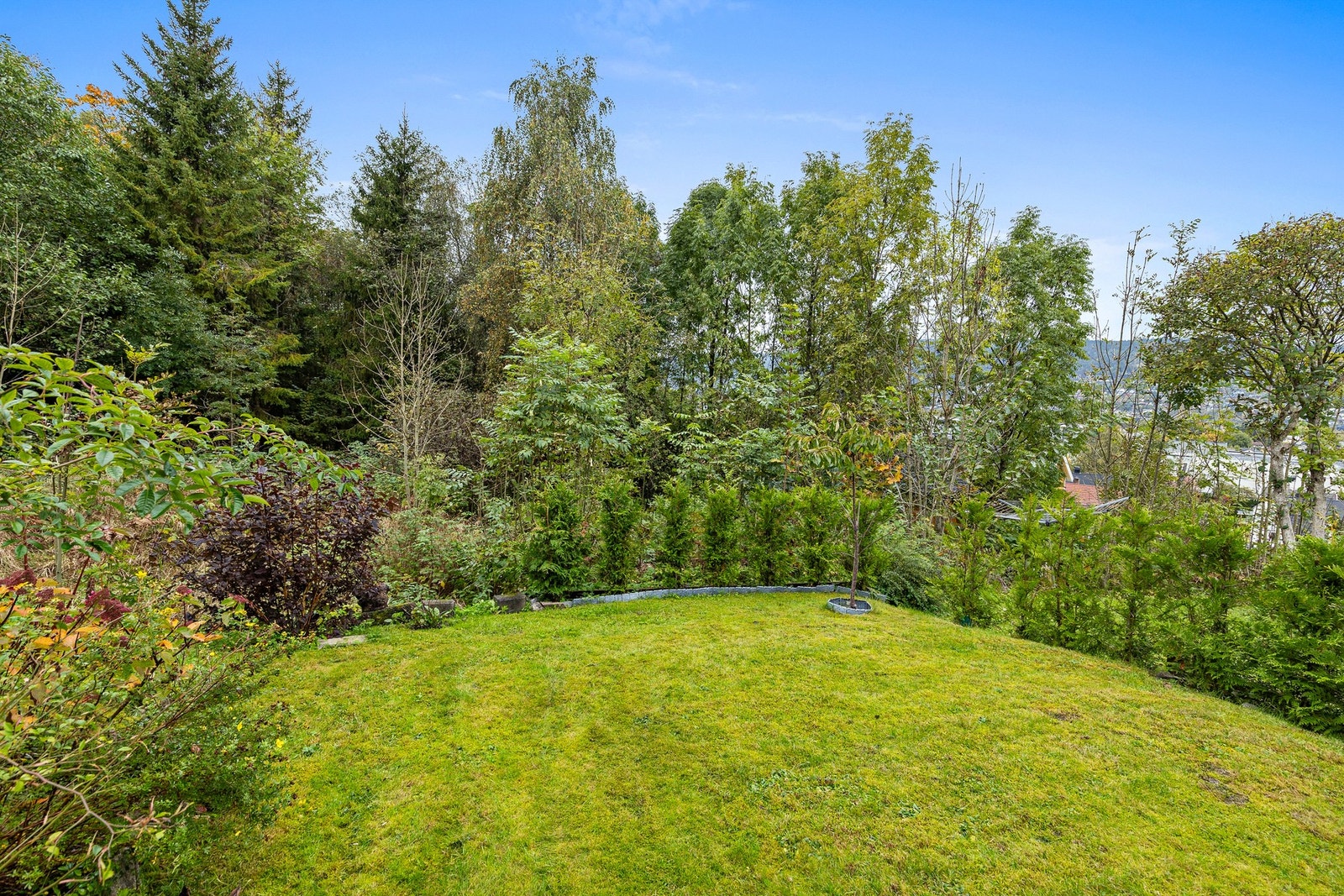 Eiendommen har en flott og frodig hage som er pent opparbeidet med gressplen og hekk. Videre grenser tomten til skog og natur. Galleribilde