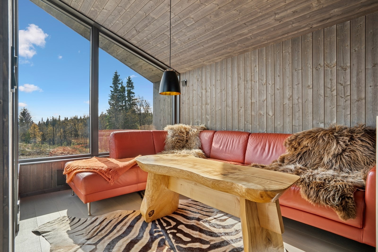 Koselig sofakrok hvor du kan nyte utsikten. Dør ut til terrenget. Galleribilde