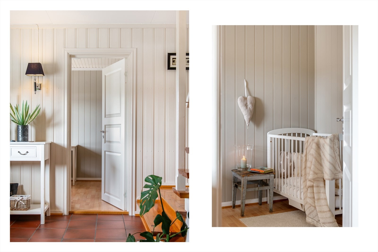 Detaljbilder fra gang og ett av soverommene i 1. etasje Galleribilde