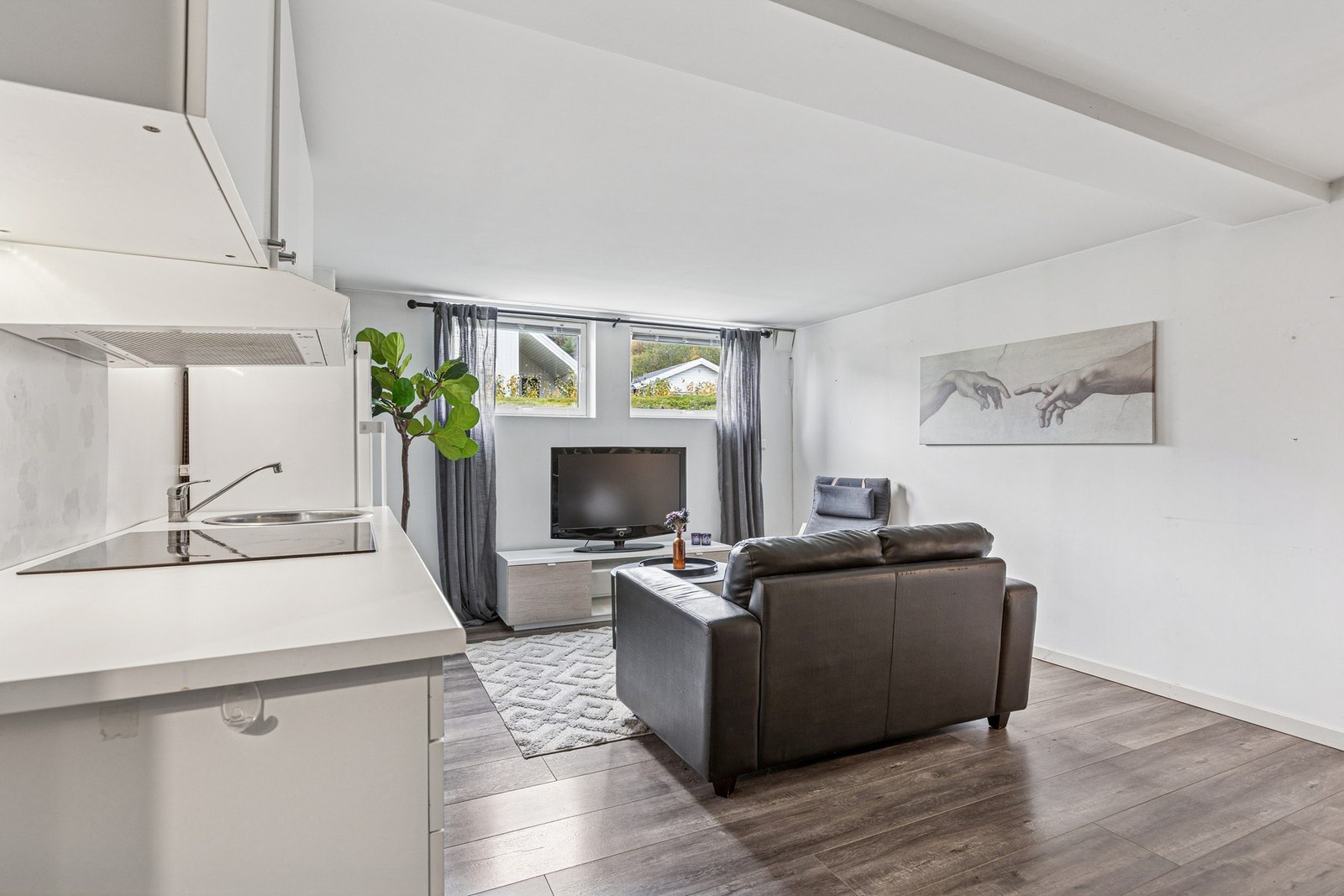 Lyst og innbydende rom på 26 kvm med plass til sofa og kjøkken. Galleribilde