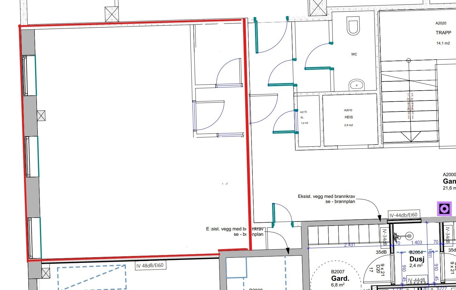 Tegning av lokale med arbeidssone/ kjøkken, gang og wc. Galleribilde