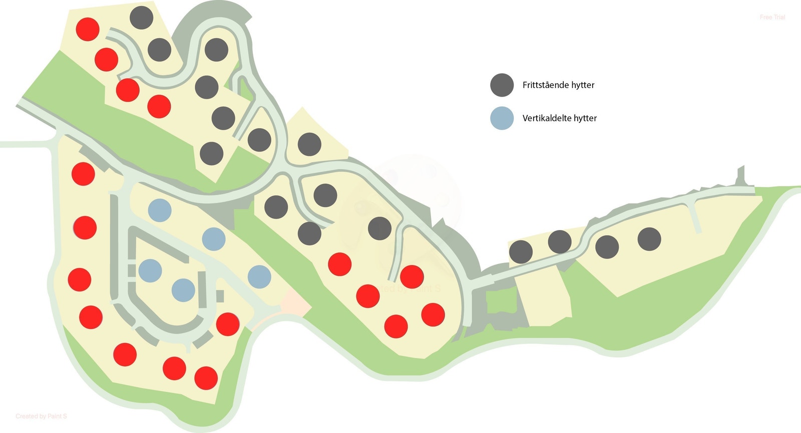 Tomtekart Tjørhomfjellet. Røde tomter er solgt Galleribilde