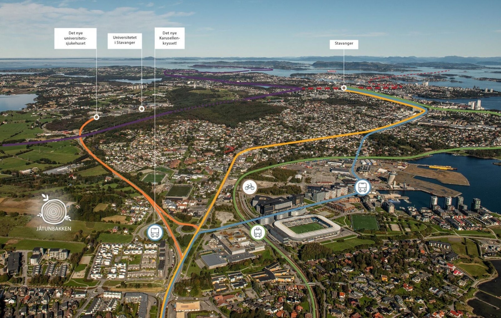 Her blir det et nytt knutepunkt mellom bussveien og den nye busstraseen til nye SUS og UIS og gode gang- og sykkelforbindelser i alle retninger. Galleribilde