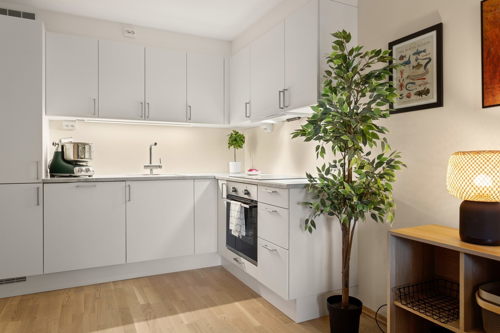 Kjøkkenet har en tidløs- og pen innredning bestående av folierte skrog med slette fronter og laminert benkeplate. Galleribilde