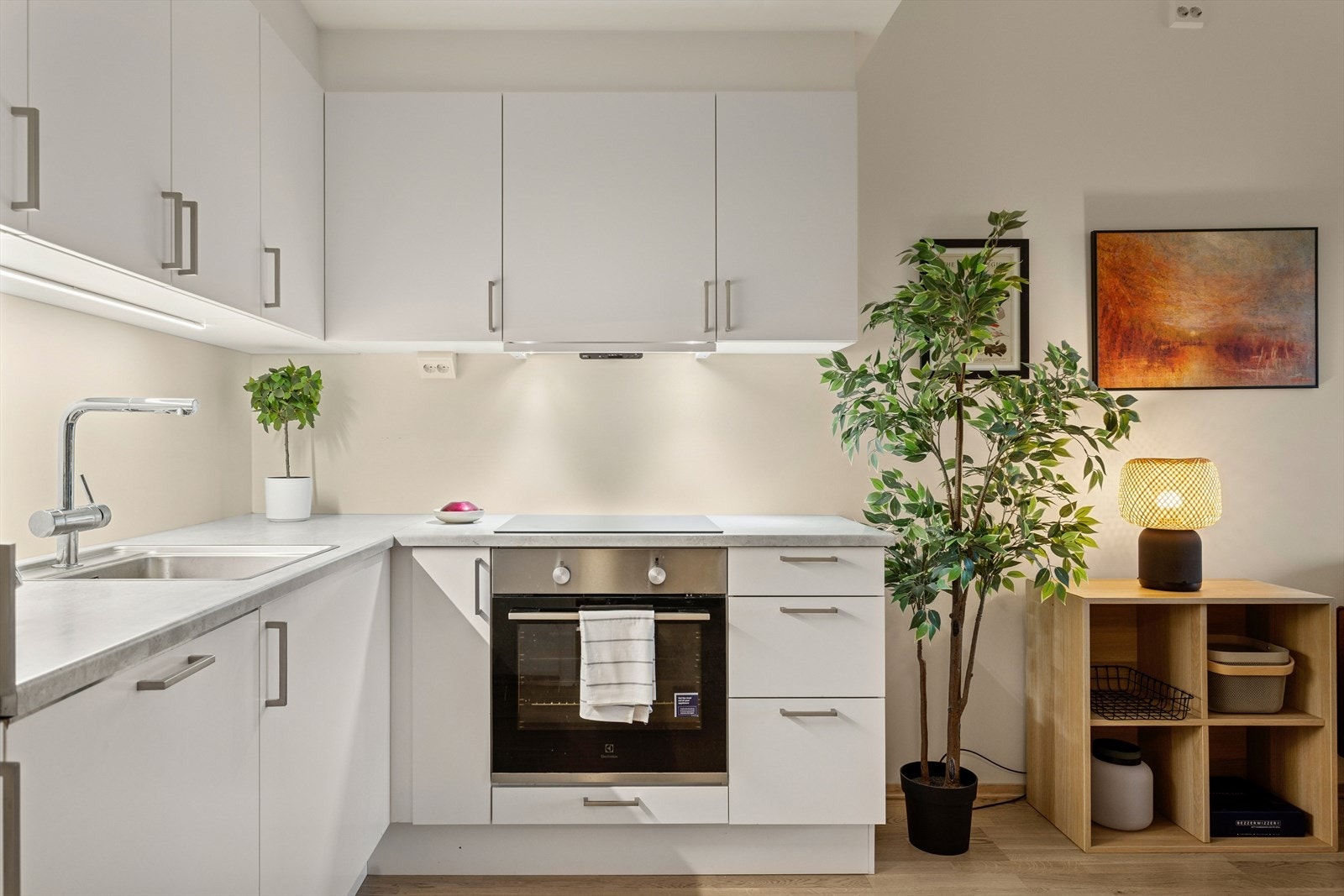 Kjøkkenet har integrert kombiskap, oppvaskmaskin, platetopp, stekeovn og ventilator. Galleribilde