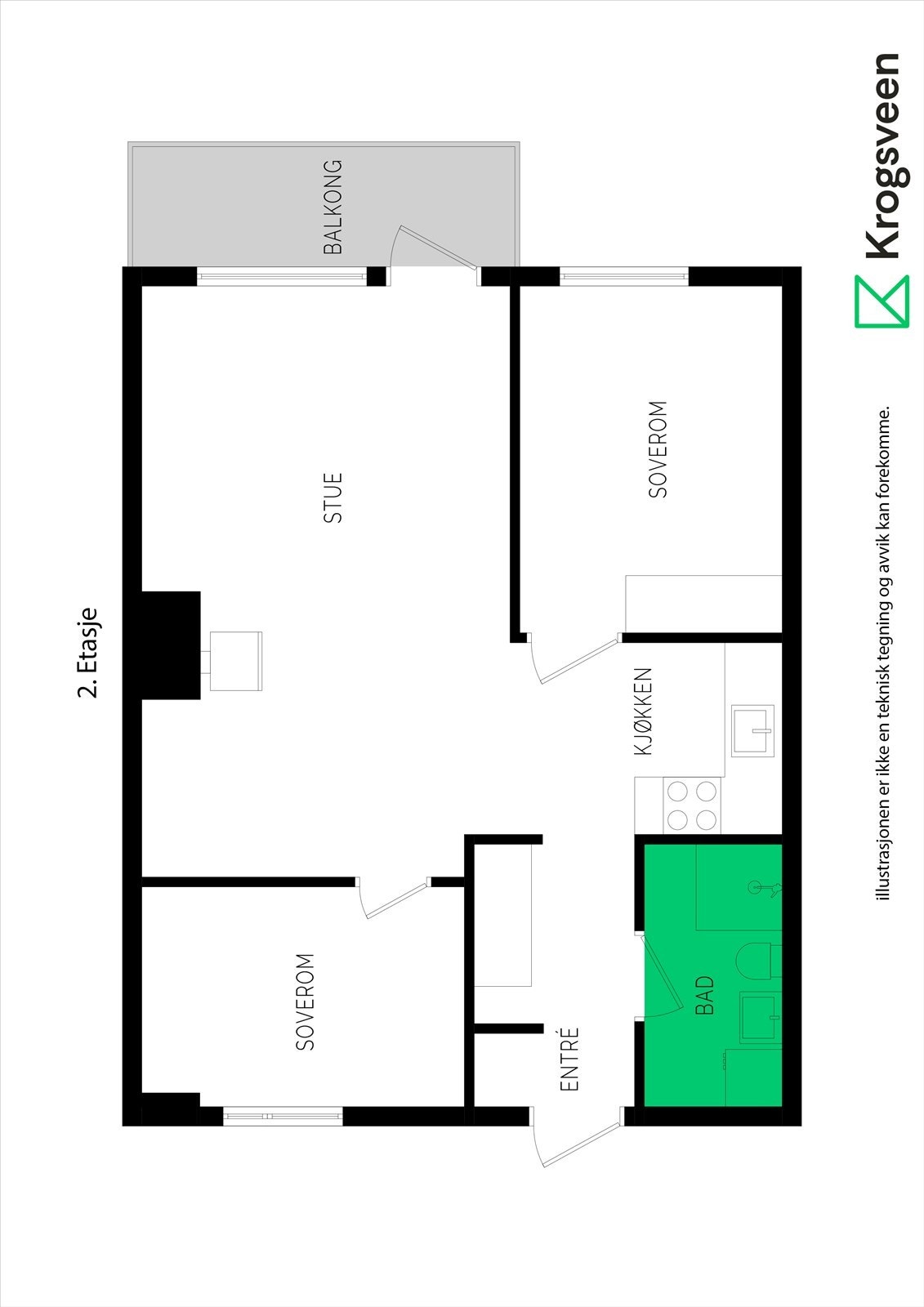 Alternativ planløsning med 2 soverom Galleribilde