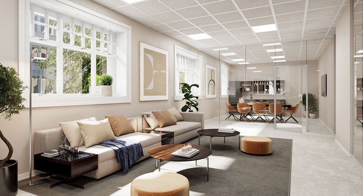 Illustrasjonen viser forslag til løsning i de ledige lokalene med ankomstsone/lounge og kjøkken med spiseplass i bakkant Galleribilde