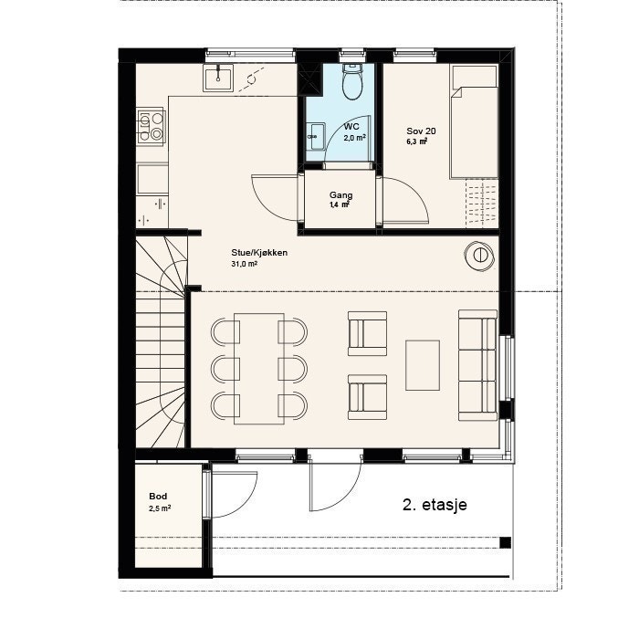 Planløsning 2.etg vertikaldelt hytte i Tjørhomfjellet Galleribilde