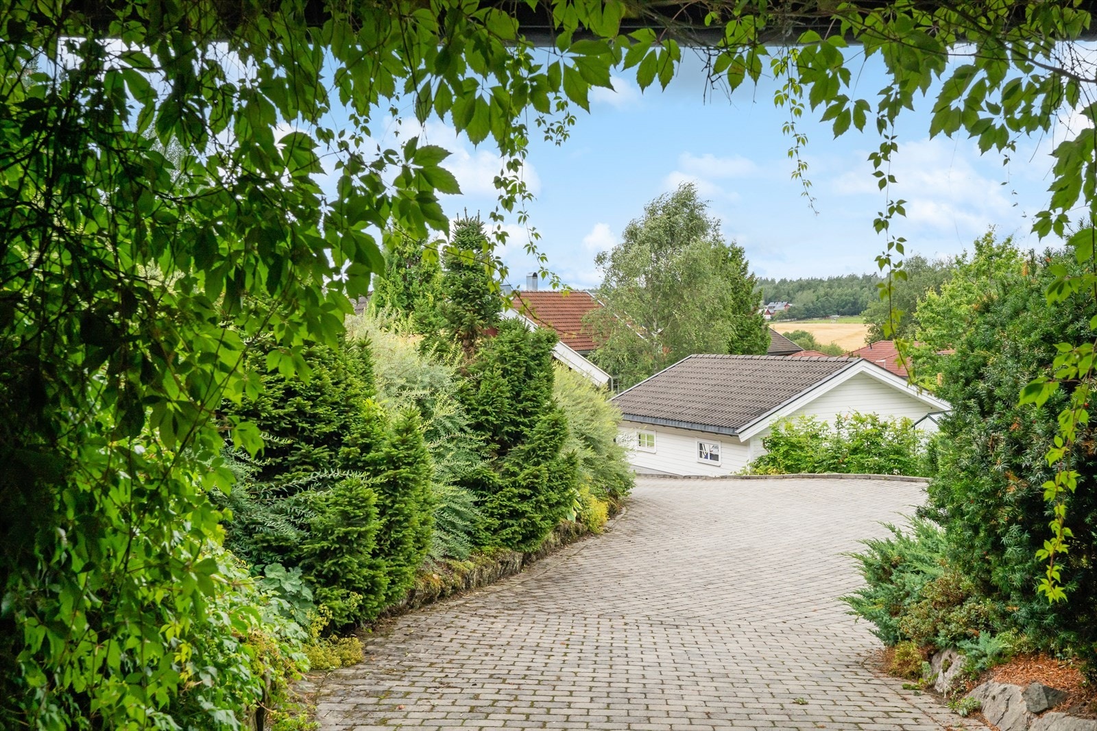 Belegningsstein i innkjørsel og gårdsplass med plass for flere biler. Galleribilde