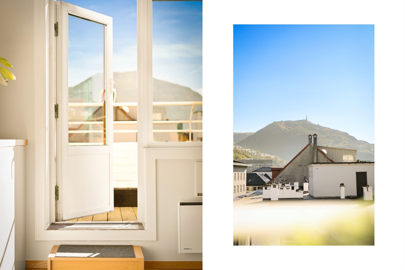 Fra stuen er det utgang til balkong som går langs hele fasadens fremside Galleribilde