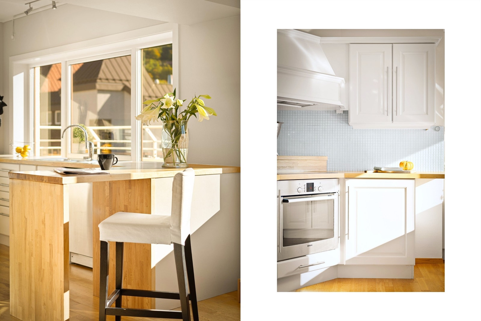 Koselig sted å starte dagen med en kaffekopp. Fine mosaikkfliser mellom benkeplaten og overskap. Galleribilde