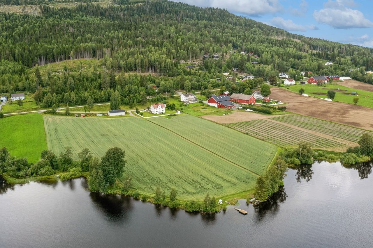 Oversiktsbilde med eiendommens strandlinje i forgrunnen Galleribilde