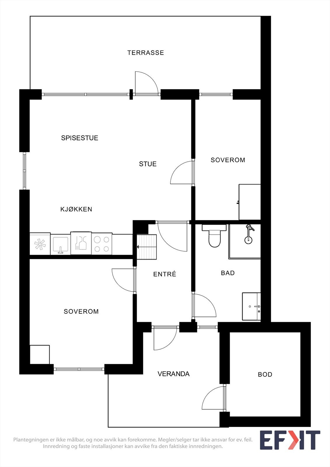 Plantegningen for første etasje viser en arealeffektiv løsning med to soverom og åpen stue-kjøkkenløsning. Galleribilde