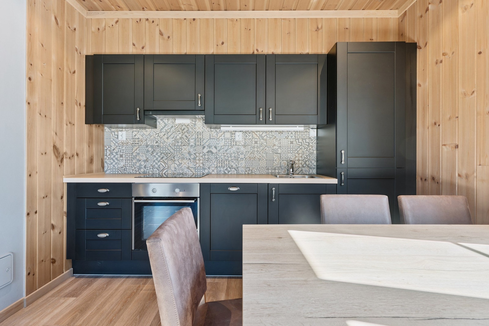 Kjøkkeninnredning med profilerte fronter, laminatbenkeplate og integrerte hvitevarer. Galleribilde