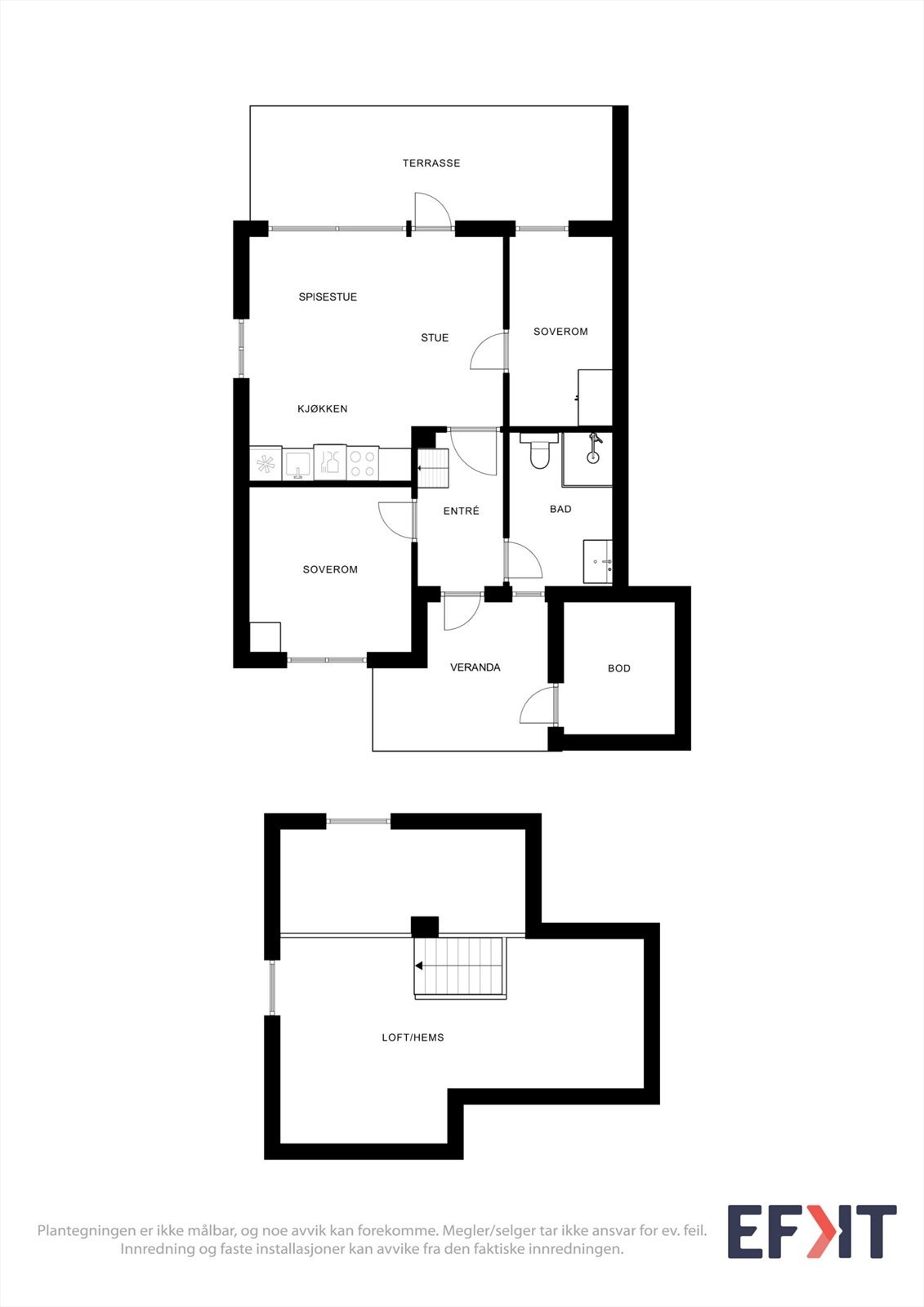 Plantegningen gir en komplett oversikt over fritidsboligens planløsning i første etasje og på hemsen. Galleribilde