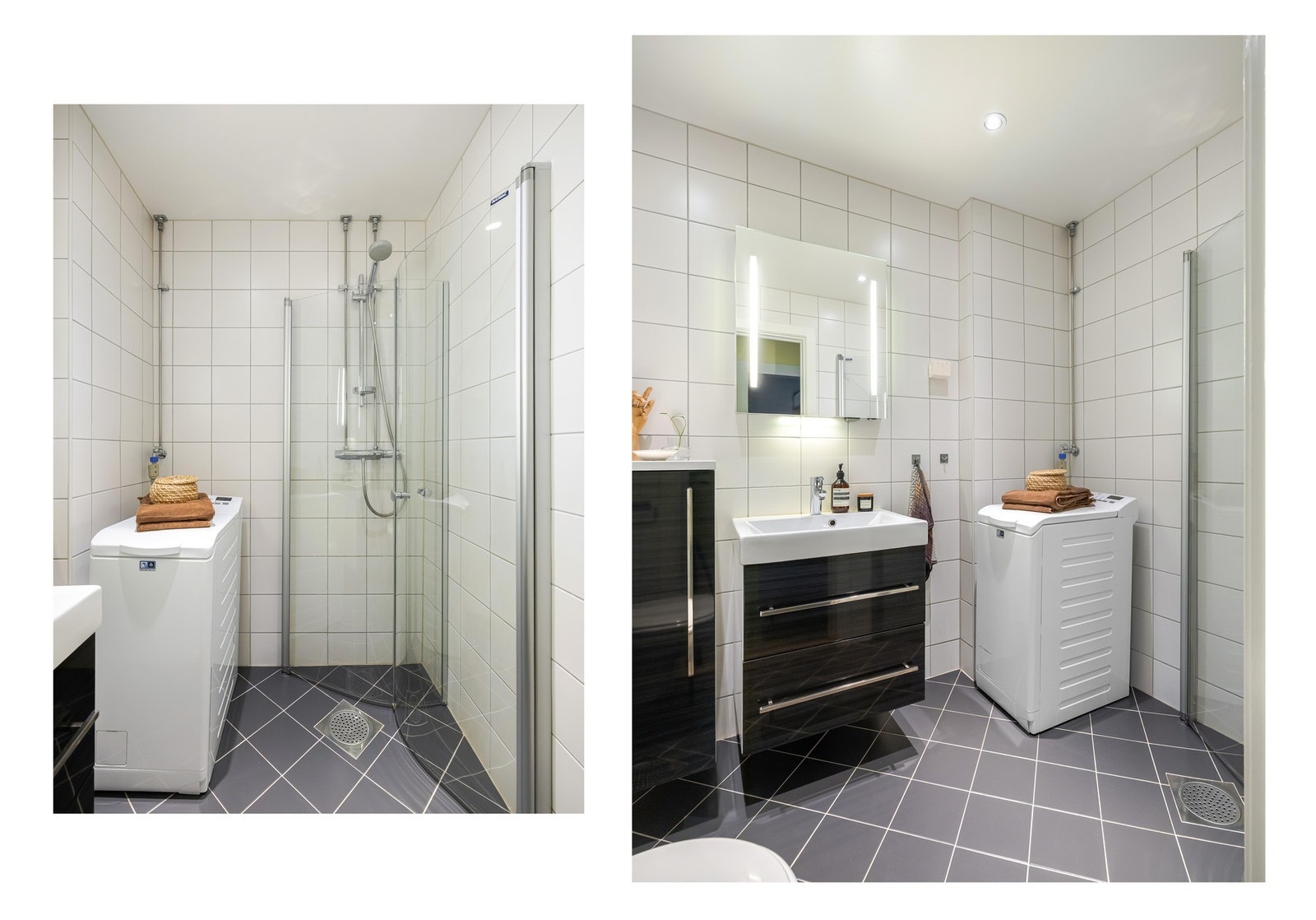 Badet er innredet med dusjhjørne, servantinnredning og speil. Galleribilde