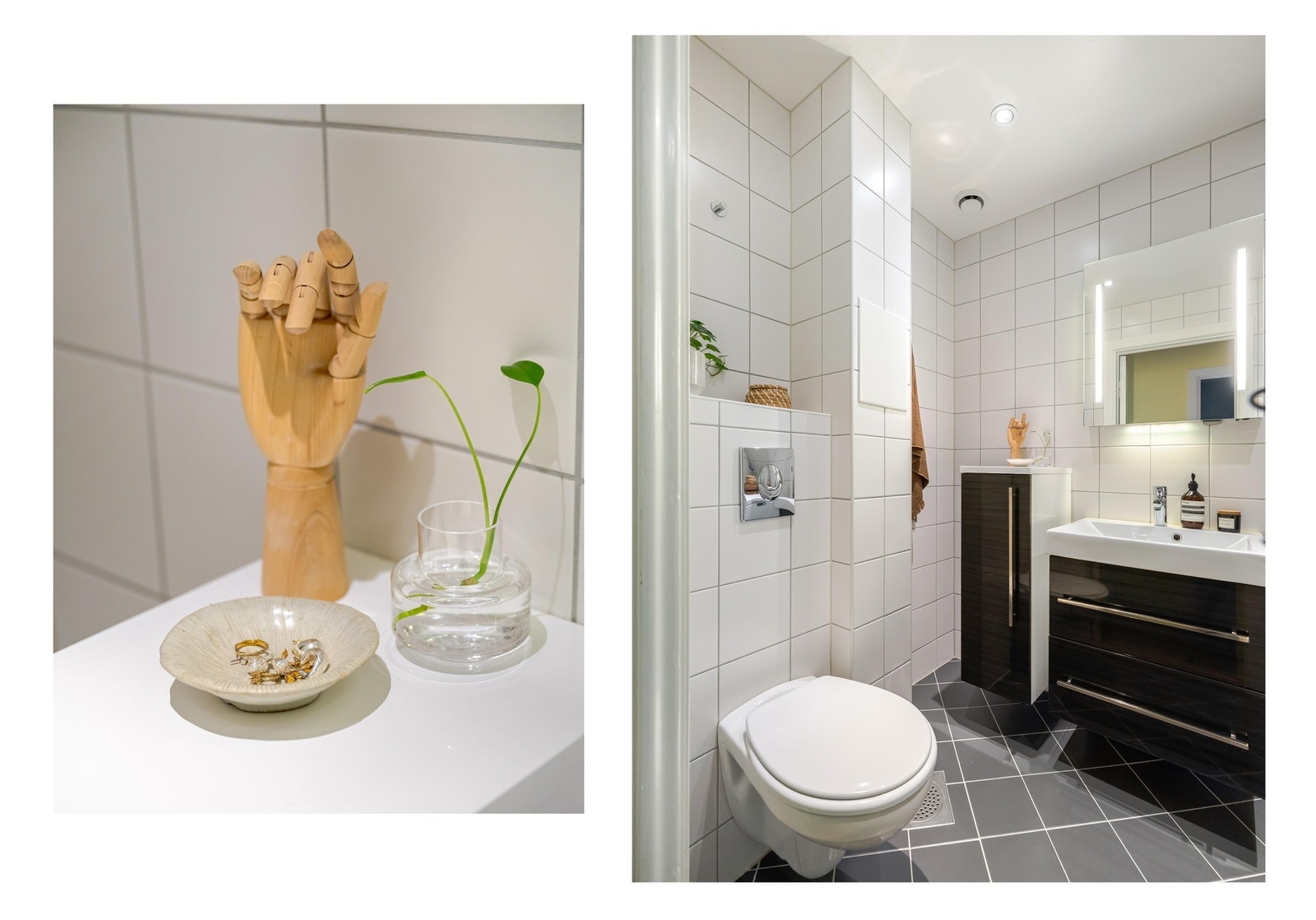 Det er både plass og opplegg for vaskemaskin, i tillegg til vegghengt toalett. Galleribilde