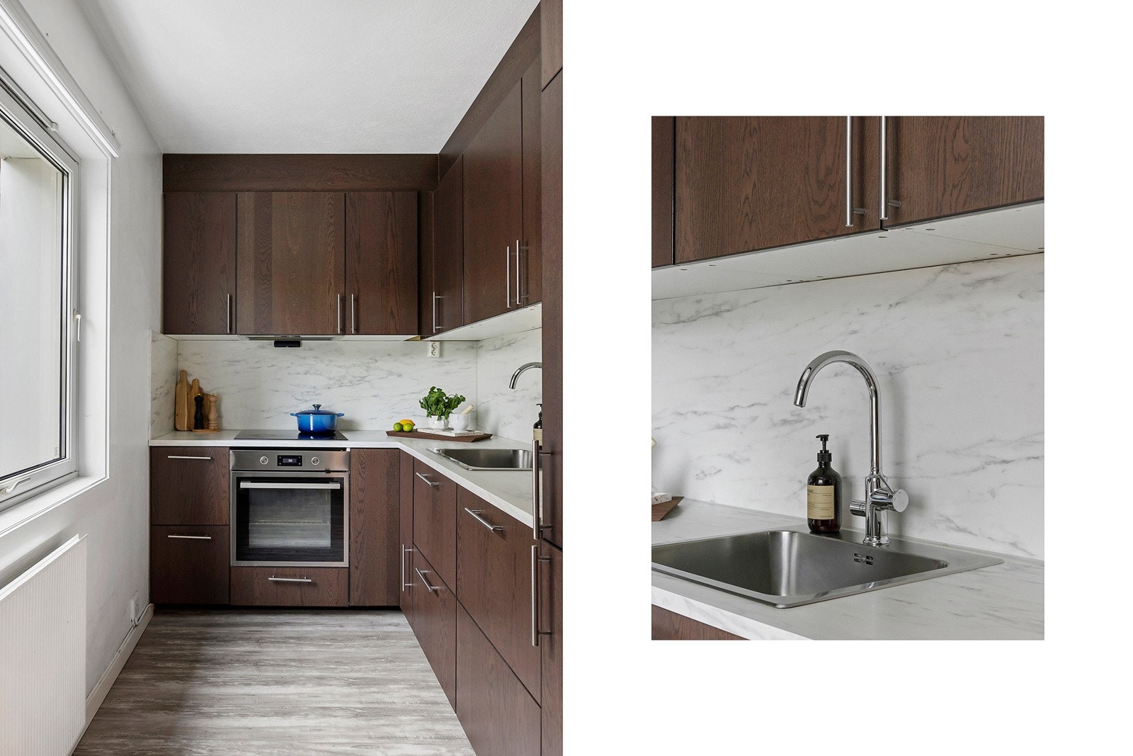 IKEA kjøkkeninnredning med glatte finerte skapfronter, laminert benkeplate med sprutplate på bakvegg, enkel oppvaskkum, ventilator og integrerte hvitevarer som koketopp. stekeovn, oppvaskmaskin, kjøl/- fryseskap. Lekkasjesikring på vannrør og komfyrvakt o Galleribilde