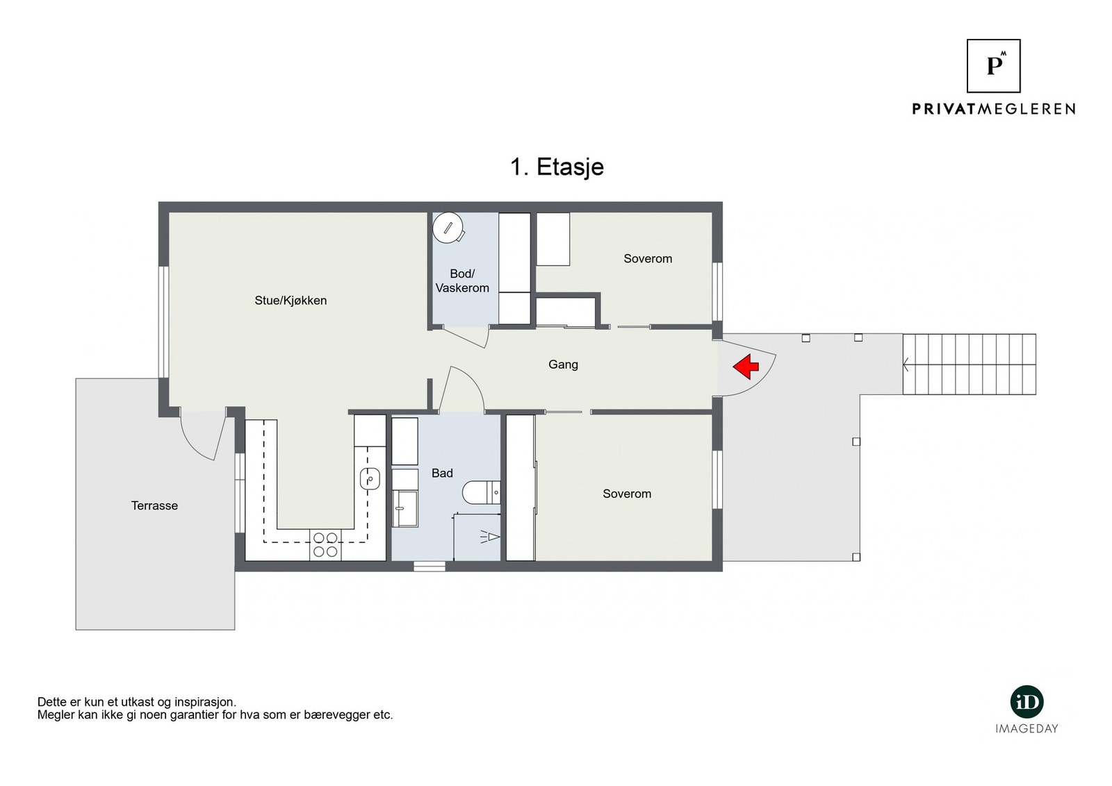 Alt på én flate: entré, stue/kjøkken, bad, teknisk rom/vaskerom og to soverom. To uteplasser og trappefri adkomst. Galleribilde