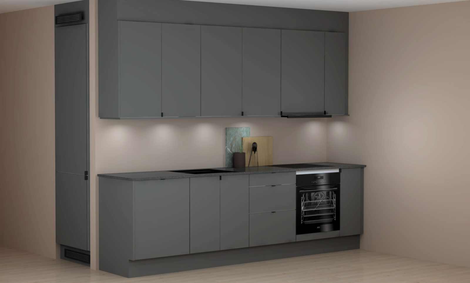 Oppgradert kjøkken med stilrene tilvalg: svart armatur og vask, i tillegg til slim svart ventilasjonshette Galleribilde