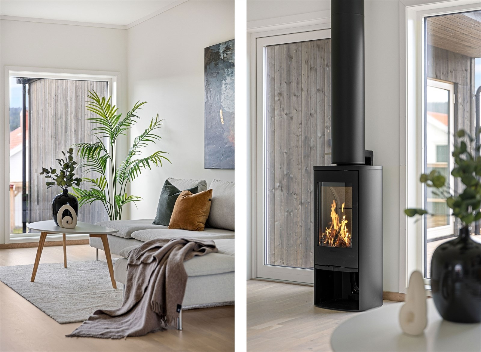 Ventilert stålpipe og ovn er av typen Contura 810 med glassplate på gulv Galleribilde