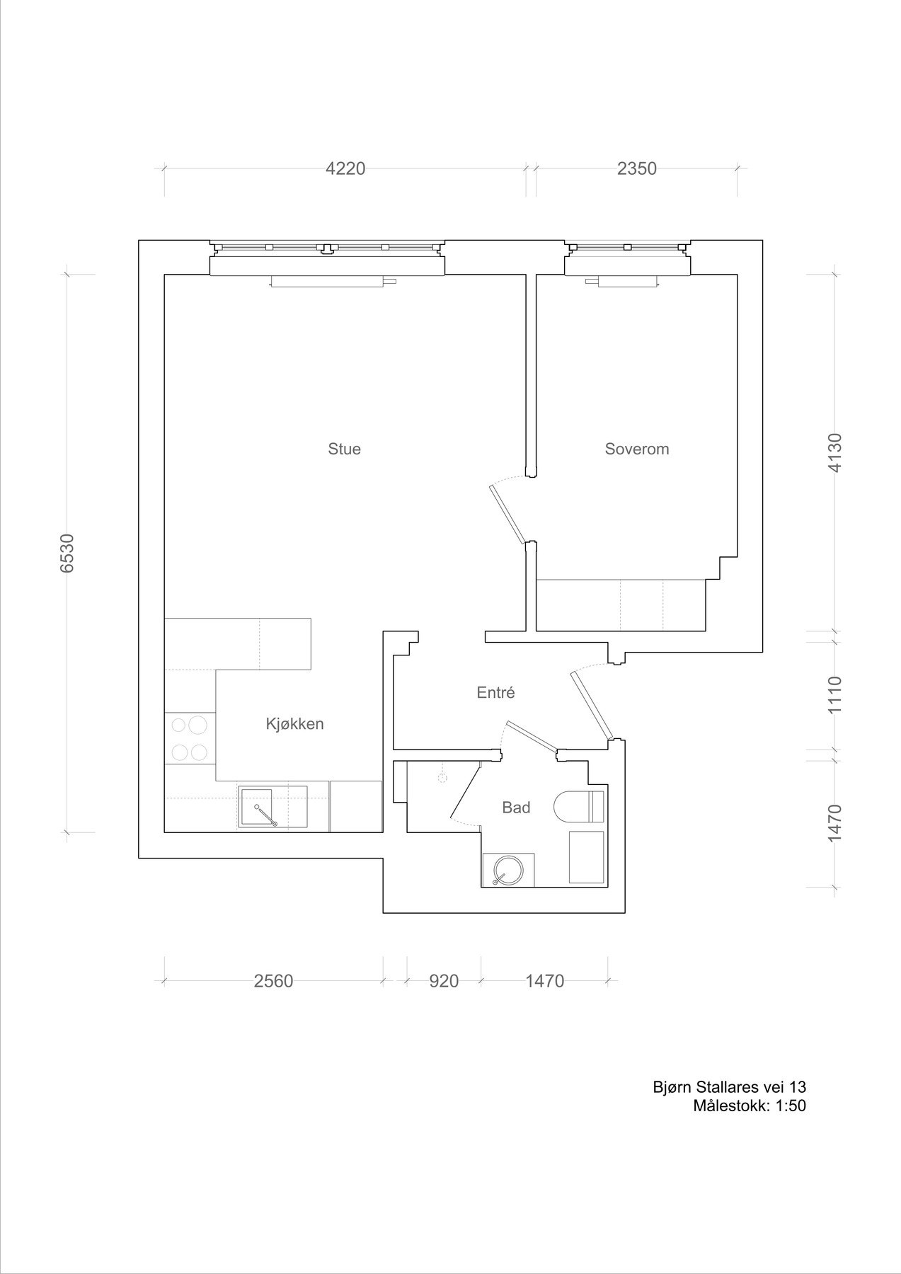 Plantegning. I tillegg disponerer leiligheten en kjellerbod på 4 kvm. Det er også tilgang til vaskerom og sykkelbod. Galleribilde