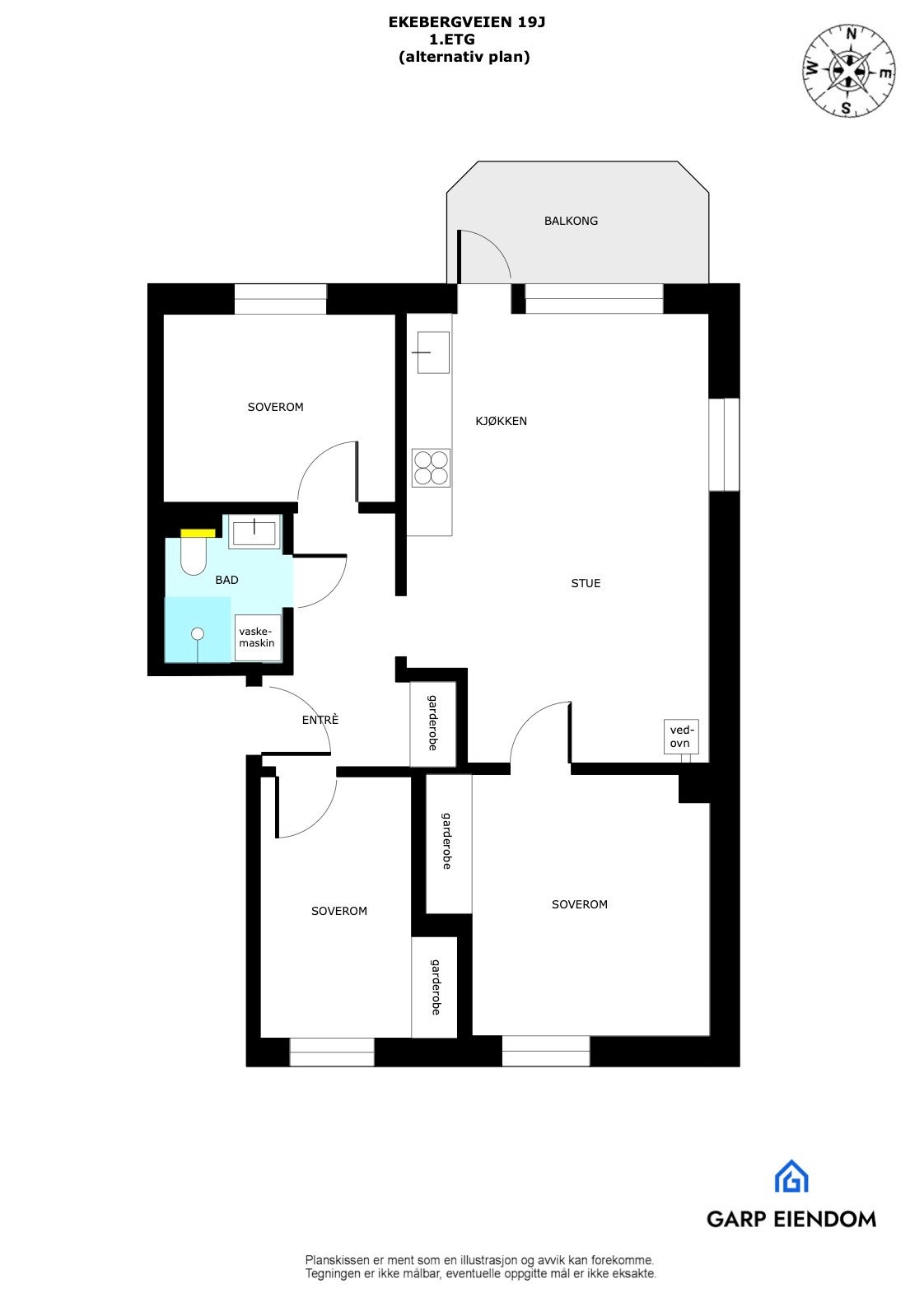 Alternativ plantegning med antatt mulighet for tre soverom. Megler har ikke undersøkt hvorvidt løsningen lar seg gjennomføre Galleribilde