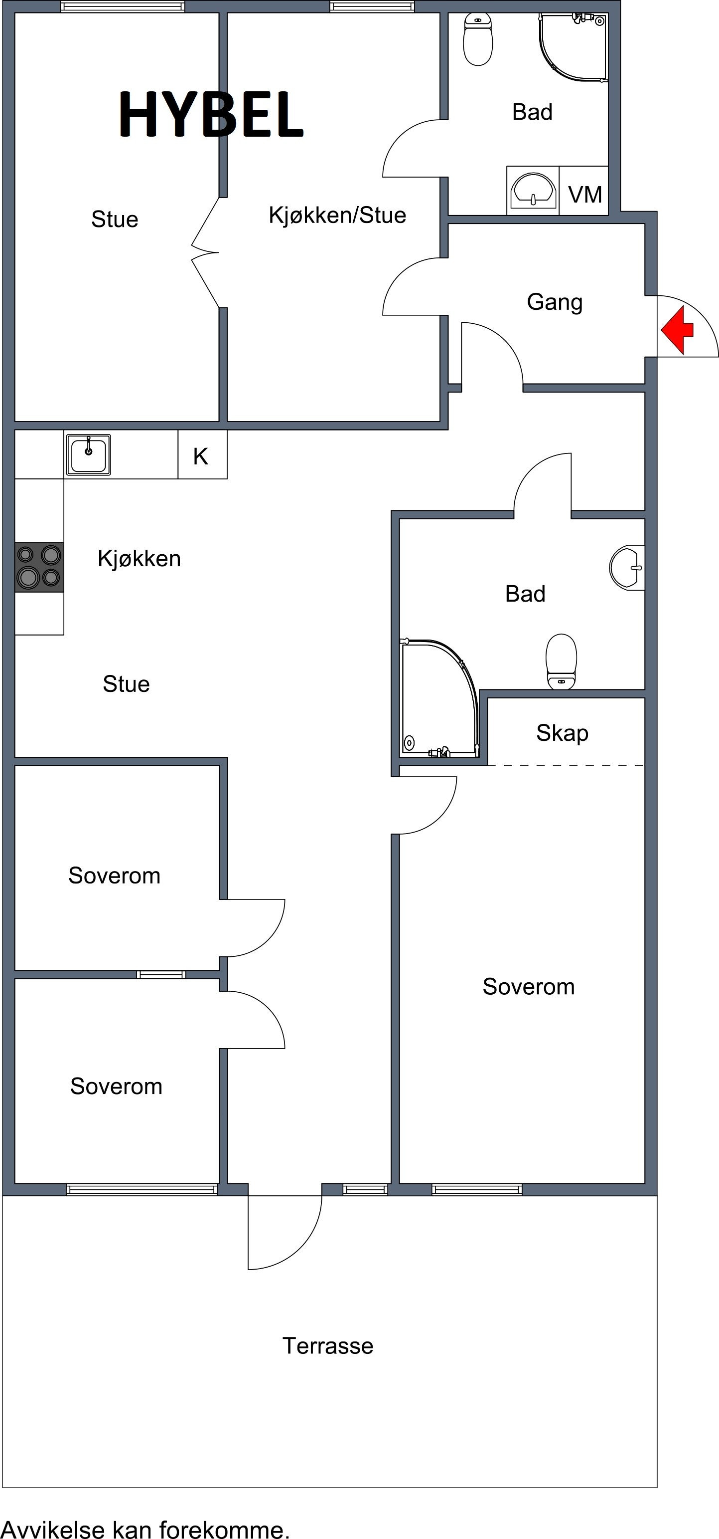 Plantegning med merking av hybelen. Galleribilde