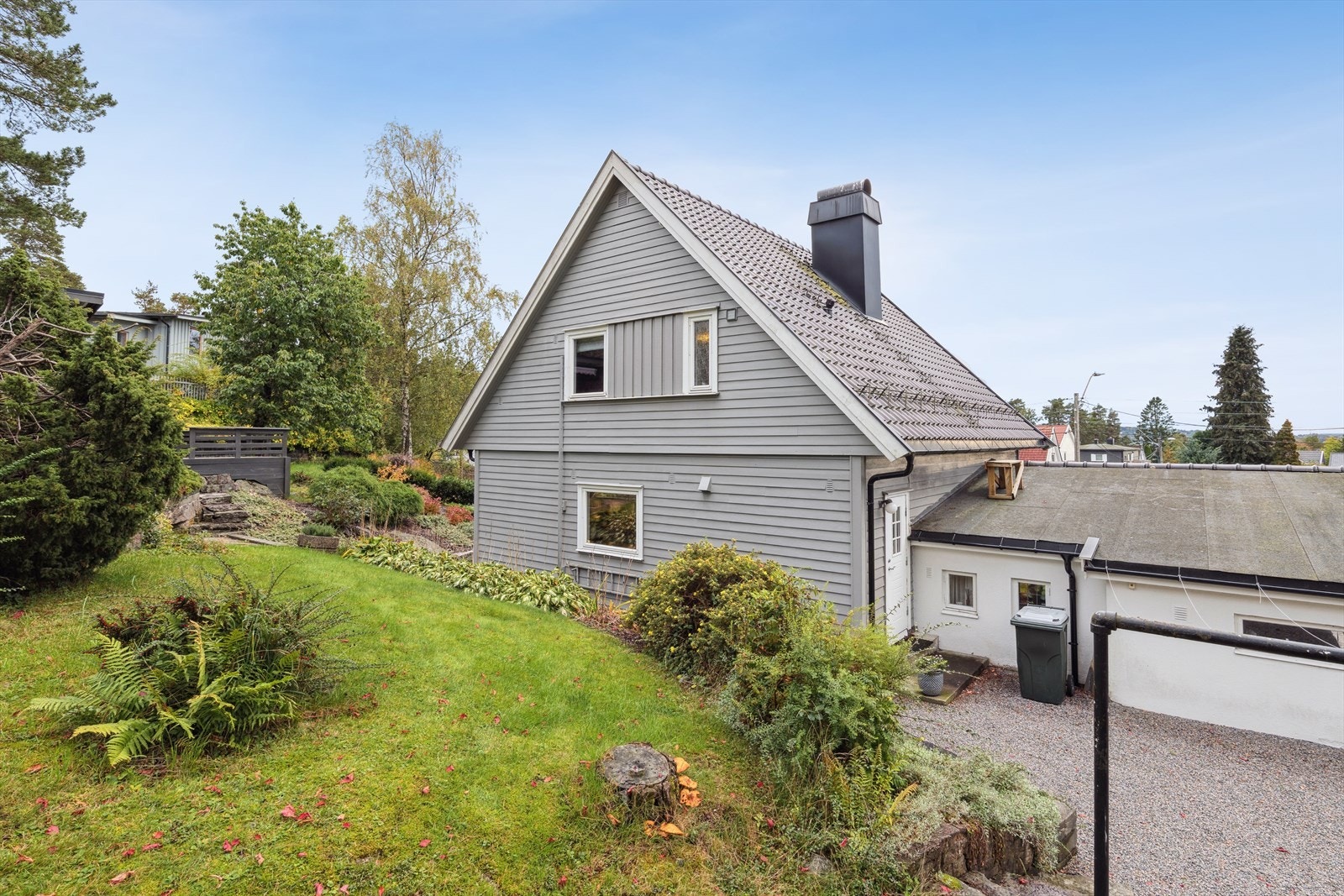 Fin hage med plen og beplantning. Galleribilde