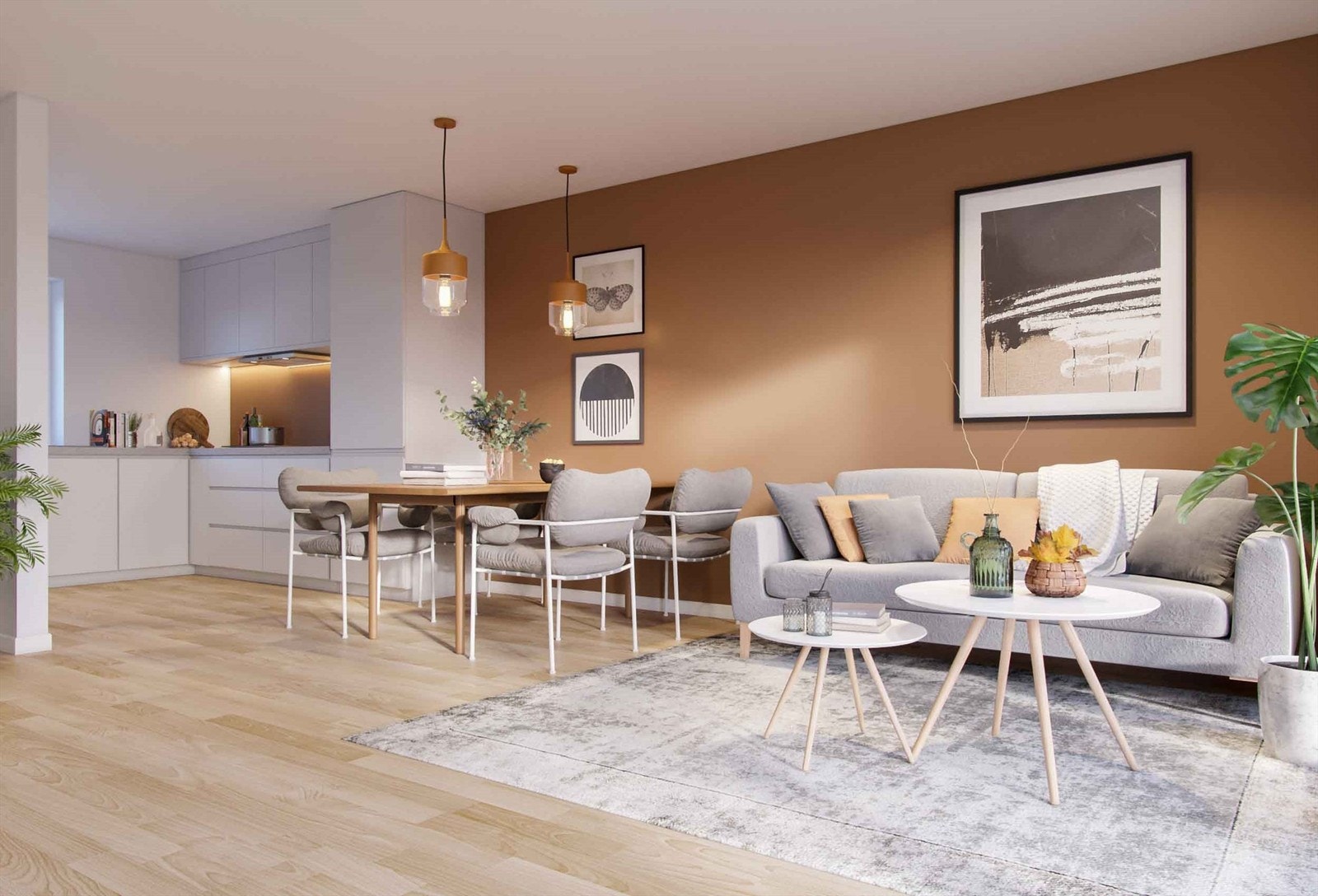 3D illustrasjonsbilde fra stue og kjøkkenløsning Galleribilde