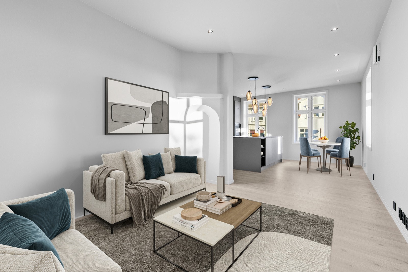 Det er plass til både sofagruppe og spisebord i stue/kjøkken. *Digitalt stylet Galleribilde