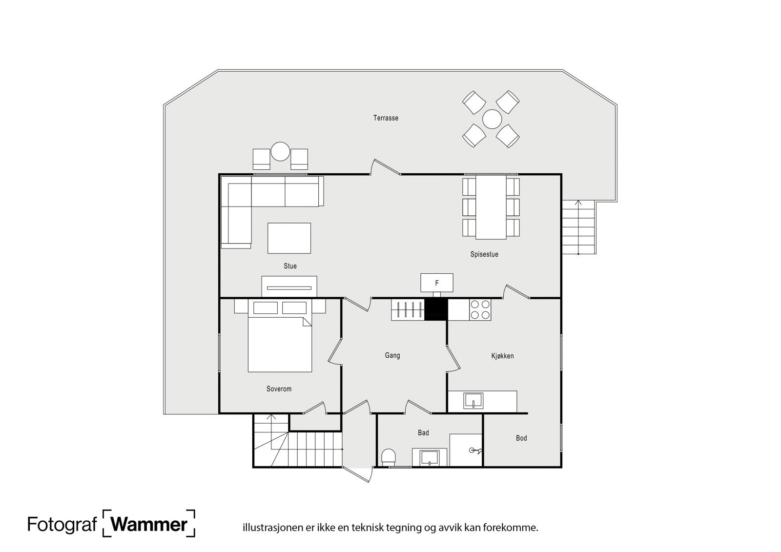 Stor terrasse rundt deler av boligen Galleribilde