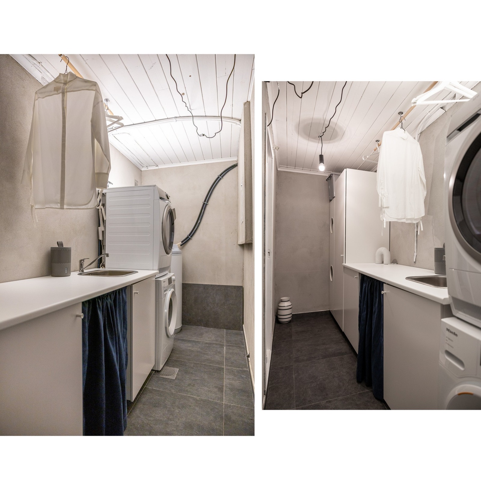 Vaskerommet ligger i underetasjen og er så godt tilrettelagt at klesvasken blir en lek. Herunder er det rikelig med benkeplass, oppheng for tørking over benk, skjulte skittentøysløsninger og utslagsvask. Superpraktisk! Galleribilde