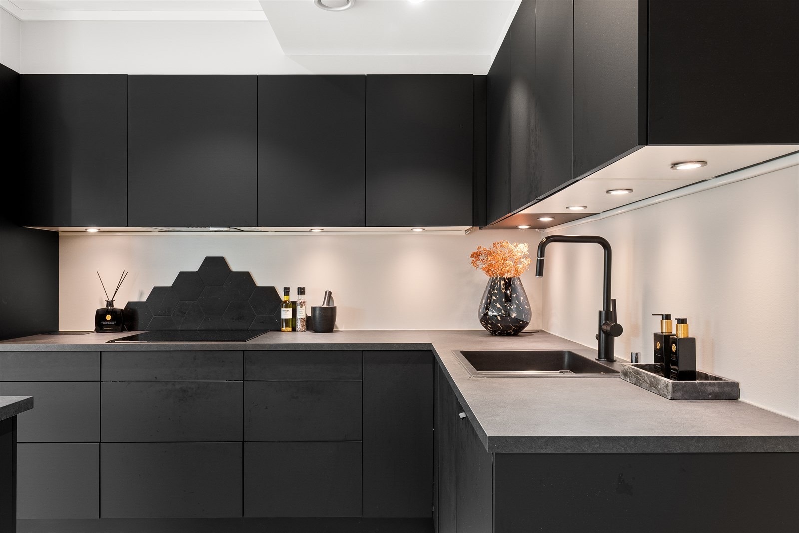 Vannstoppsystem og komfyrvakt. Kjøkkenventilator med avtrekk ut. Galleribilde