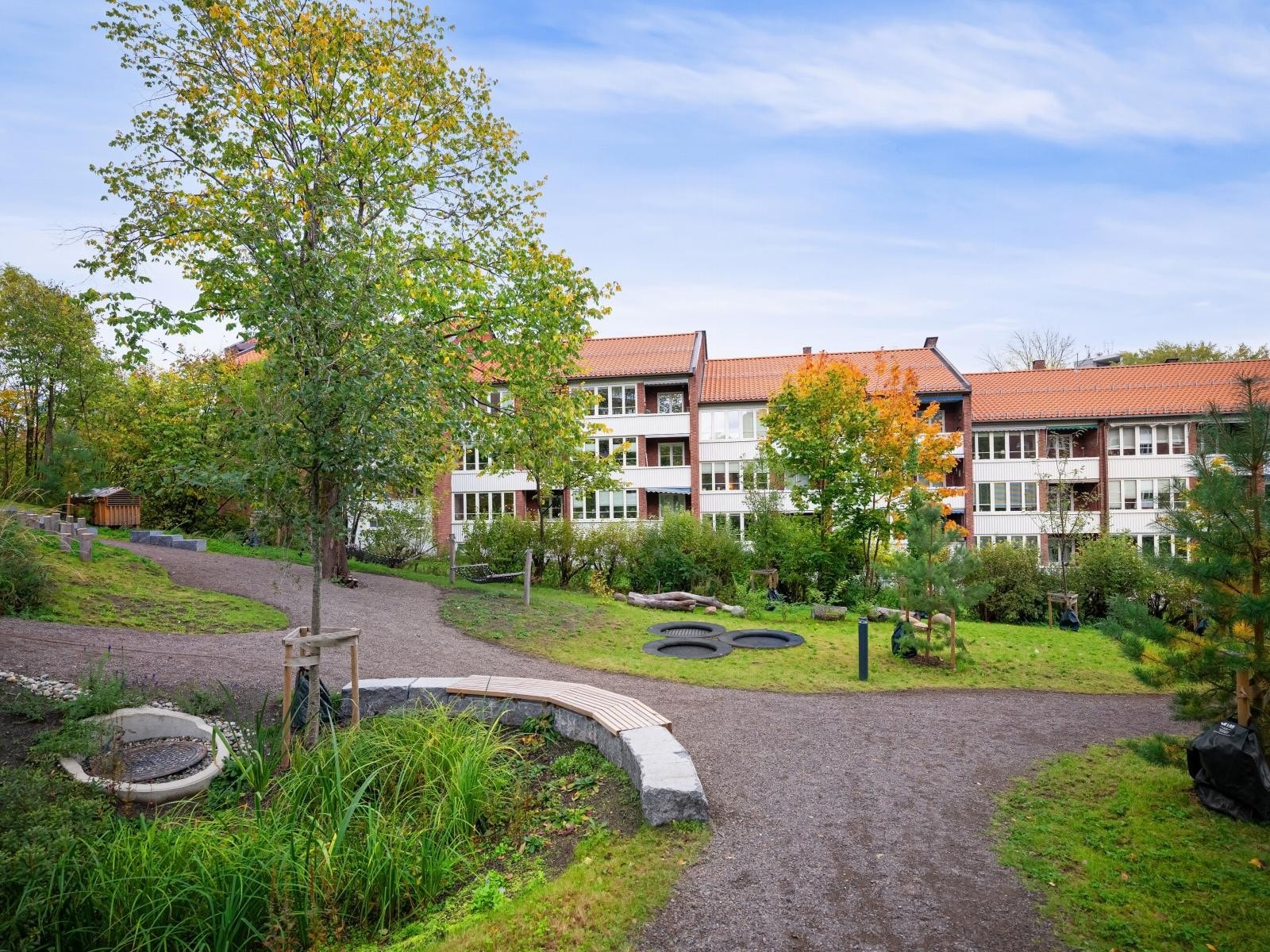 Fellesarealene har lekeapprater for både store og små med trampoliner, huskestativ, hengekøyer samt flere benker og pent beplantede blomsterbed. Galleribilde