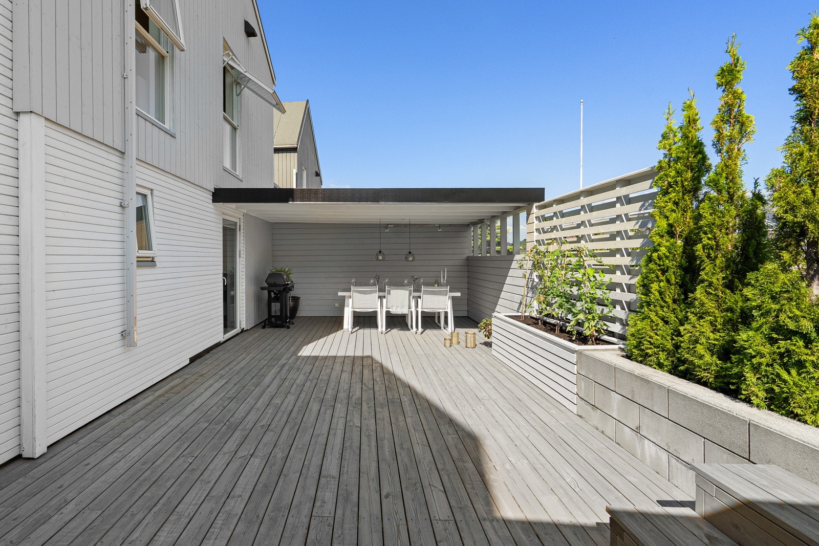 Det er 27 kvadratmeter som er overbygd i enden av terrassen som gjør at du kan sitte ute uavhengig vær. Galleribilde